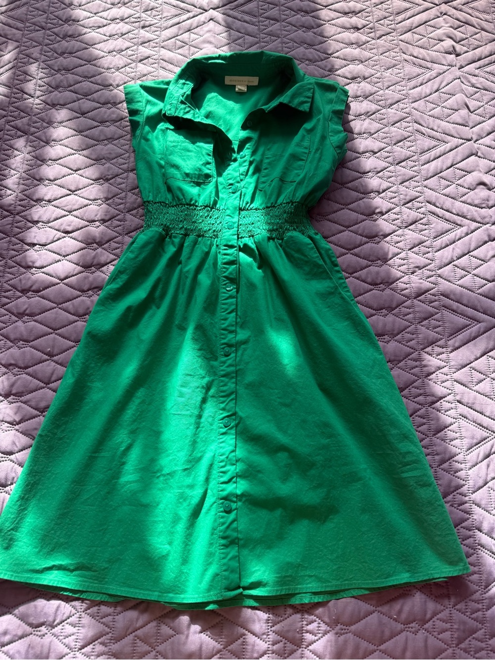 Monteau Emerald Green Collared Shirt Dress with Smocked Waist
